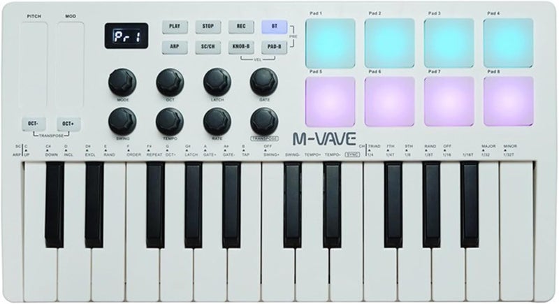 M-VAVE 25 مفتاح 8 وسادات درام مضاءة MIDI لوحة مفاتيح – صانع إيقاعات محترف وكيتر لإنتاج الموسيقى على لوحة المفاتيح مع بطارية مدمجة اتصال لاسلكي أبيض - Image 1